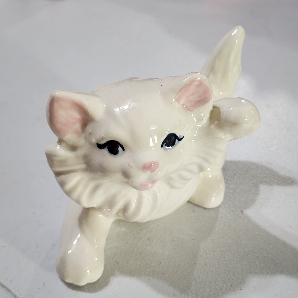 Vintage White Ceramic Kitten Figurine Playful Pouncing Cat Blue Eyes